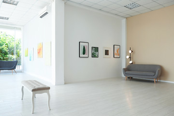 Empty hall of modern art gallery with exhibits