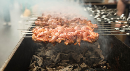 Grilled barbecue meat on skewers over fire with smoke cooking on a coal.