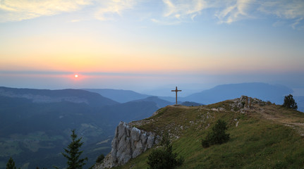 A haze of air polution during  sunset at a mountain top (Mont Granier) in France.