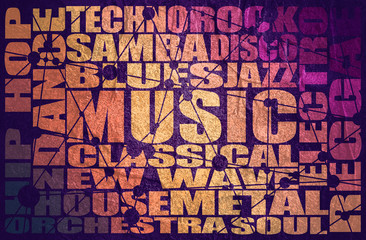Main music genres list. Multicolor gradient tags. Textured by connected lines with dots.