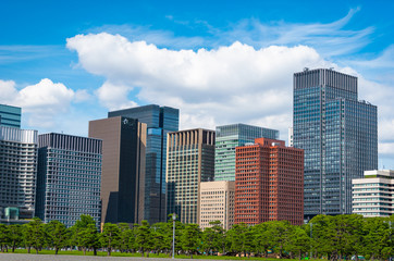 Fototapeta na wymiar Modern building with green Zen garden on blue sky background in Tokyo, Japan.