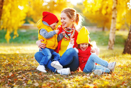 happy family mother and children on   autumn walk  .