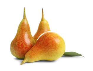 Whole ripe pears on white background