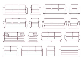 Sofa, armchair, couch set. Vector. Outline furniture icon. Black white house equipment for living room isolated. Linear illustration in flat design.
