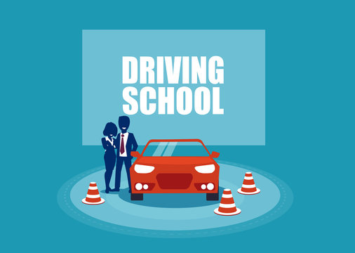 Driving school. Student and instructor and a training car.