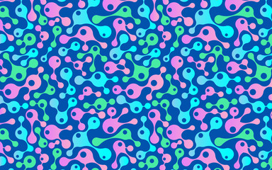 Chaotic motion. Abstract image of molecules and atoms. Blue background with bubbles. Vector illustration on a theme of medicine, science, technology. Template for printing posters, banners.