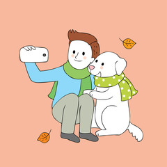 Cartoon cute man and dog selfie together vector.