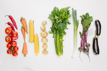 flat lay with fresh autumn vegetables arranged isolated on white