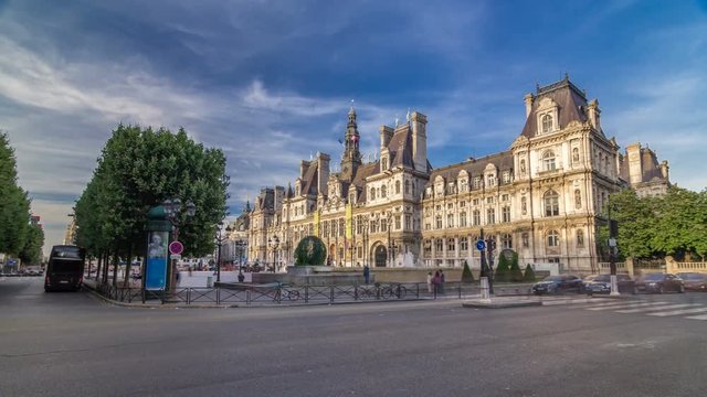 Hotel de Ville or Paris city hall timelapse hyperlapse in sunny day.