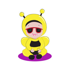 Happy little baby in fancy bee costume with red sunglasses. Cute character design. Yellow and black color concept. Cartoon vector illustration.