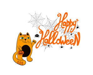 Vector Funny Halloween Illustration: Happy Halloween Lettering with Spiders and Cute Cat with Pumpkin Bag, Holiday Cartoon Chatacter.