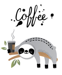 Cute vector sloth bear animal with coffee time lettering. © Polina Elyutina