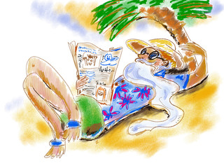 Wizard's vacation. Man on the beach with newspaper under a palm tree. Man lying on the sand in a straw hat, sunglasses, long beard, in colorful t-shirt and shorts