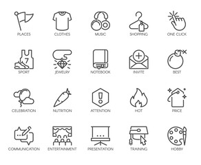 20 linear icons on sports, healthy eating, lifestyle, hobbies, online shopping and web education. Graphic labels or buttons for thematic sites and mobile app interfaces, game element. Vector isolated