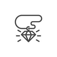 Shining diamond on chain simple linear icon. Precious jewel, gemstone sign, accessory, symbol of wealth. Graphic web pictogram. Vector illustration isolated on white background