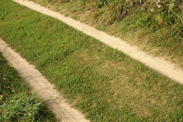 Dirt  two paths road on the meadow. Diagonal.