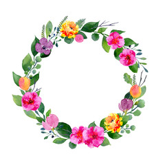 Watercolor floral wreath. Background with frame of fresh spring foliage, bright flowers and place for text