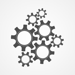 Mechanical cogs technology vector illustration. Development concept design element, black contour cog and gear group signify innovation teamwork. Cogwheel graphic for web icons or modern background