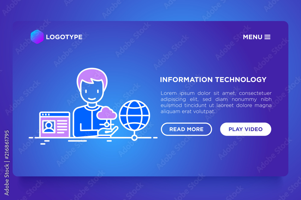 Wall mural information technology concept: man using cloud service. vector illustration, web page on gradient b