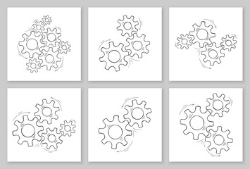 Mechanical gears collection hand drawn vector illustration. Set of cooperation concept design, engine system with sketched cog and gear signify human progress. Cogwheel doodle graphic for web element