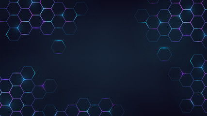 Abstract dark background with blue luminous hexagons, technology, neon