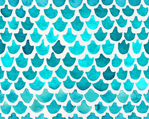 Hand painted watercolor seamless mermaid fish tail pattern with turquoise scales. Abstract modern background, illustration.