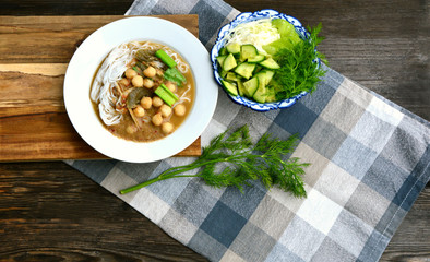 Rice noodles in pickled fish with herb and curry soup with small fish balls Serve with many vegetables. ( Thai name is Kanom Jeen Nam Ya Pa )