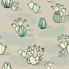 Hand Drawn Seamless Wild West Halftone Cactus Desert Pattern.