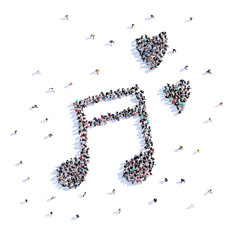 A lot of people form musical note, love, icon . 3d rendering.