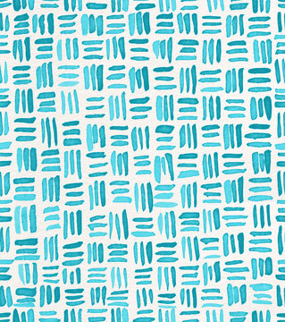 Hand painted watercolor seamless repeat turquoise crosshatch basket weave pattern. Abstract modern background, illustration.