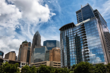 Fototapeta premium Skyline view of Charlotte, North Carolina. Visible logos and trademarks removed.