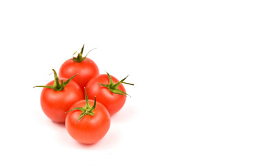 Fresh cherry tomatoes on white background with space for text.