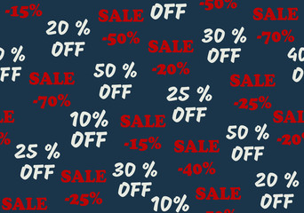 Seamless blue background with promotional offers, different discount percentages.