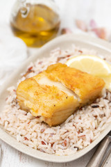 fried cod fish with rice on dish