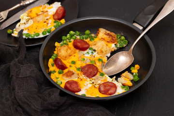 fried egg with smoked sausages