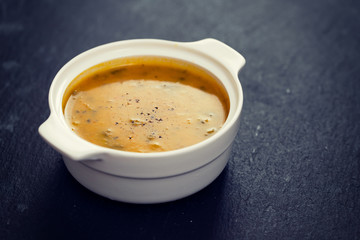 vegetable soup in white bowl