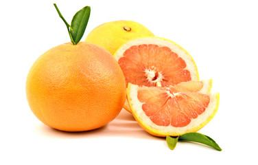 Healthy and benefits of Grapefruits..Grapefruits with slice and green leaf on white background.