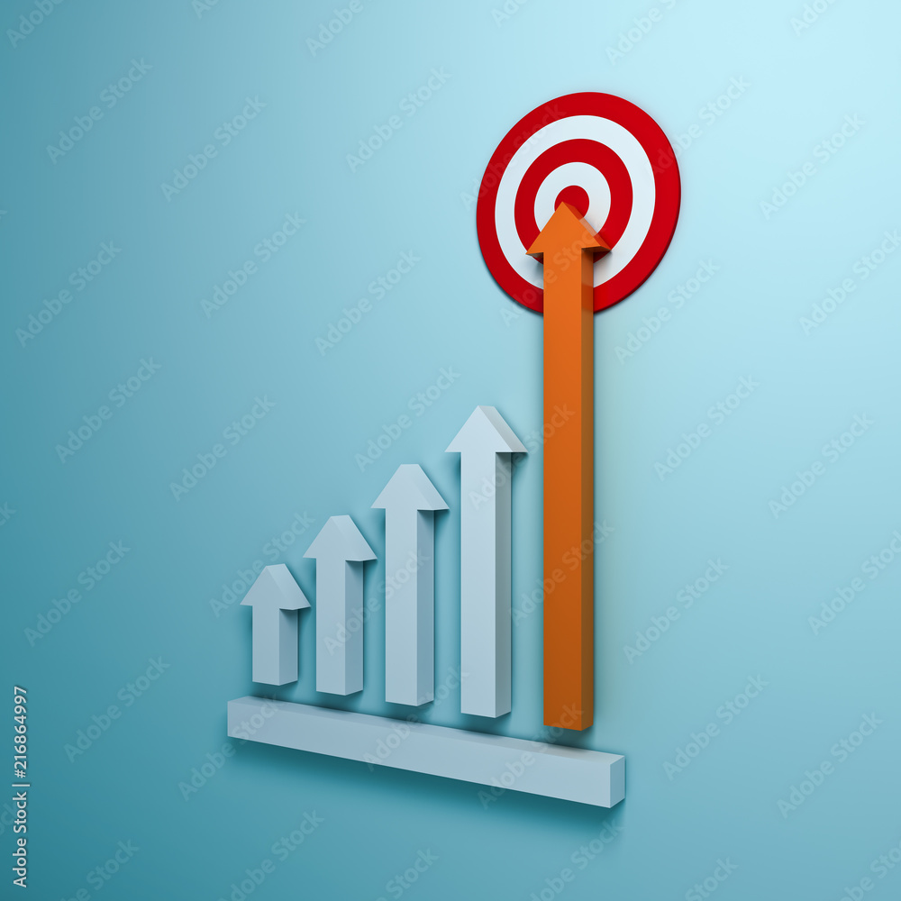 Poster growing up arrow graph aiming to goal target or red dart board the business concept on blue pastel c