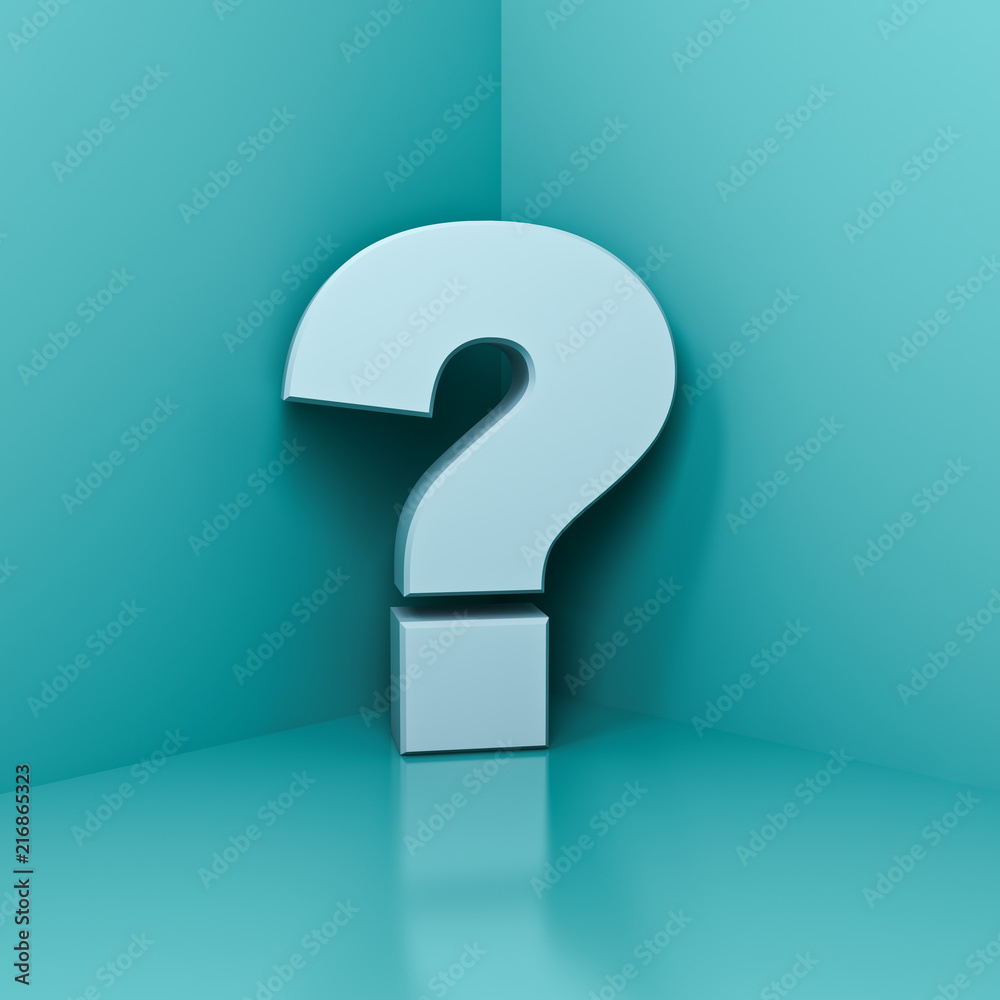 Poster white question mark in the corner with blue green pastel color wall background shadow and reflection