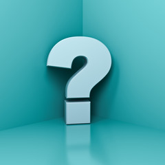 White question mark in the corner with blue green pastel color wall background  shadow and reflection 3D rendering