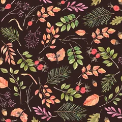 Gardinen Hand drawn watercolor pattern. Background with Fall leaves. Forest design elements. Hello Autumn! Perfect for seasonal packing, wrapping paper, textile © Kate Macate