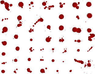 Messy blood blot collection, red drops on white background. Vector illustration, maniac style, isolated
