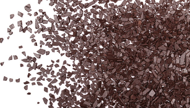 Chocolate sprinkles, granules isolated on white background and texture, top view