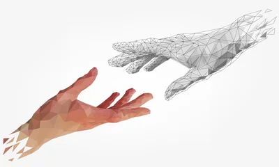 Fotobehang Low polygonal hands, human and robot arms, partnership of people and robots, computer graphics © lidiia