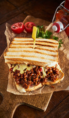Sloppy joe sandwich with ground meat in close up