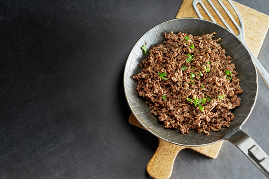 Minced Meat Fried On Pan With Green Chives