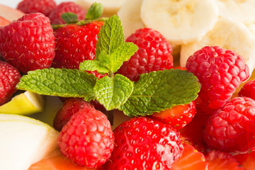 Healthy fresh berries and fruits, closeup view. Healthy snack concept