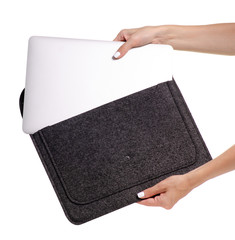 Laptop and case in hand on white background isolation
