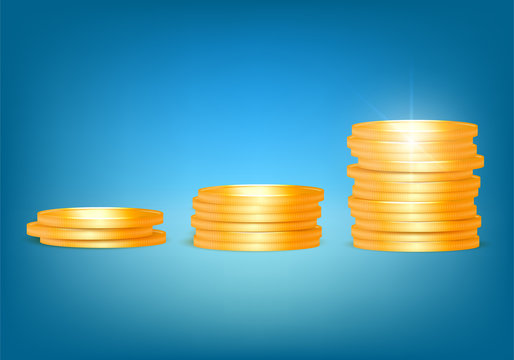 A bunch of gold coins, towers of coins, increased profits, saving money, banking