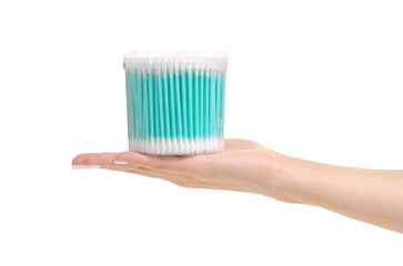 Naklejka premium Packing of eared sticks in hand on white background isolation